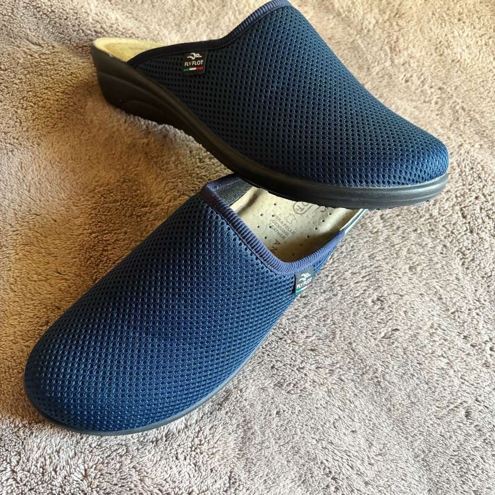 Fly Flot Navy Blue Mesh Comfort Clogs Made in Italy Anatomic Leather Insole 41 - Picture 3 of 6